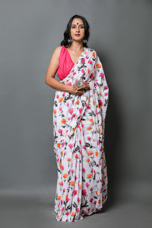 Printed Pure Cotton Mulmul Saree With Blouse