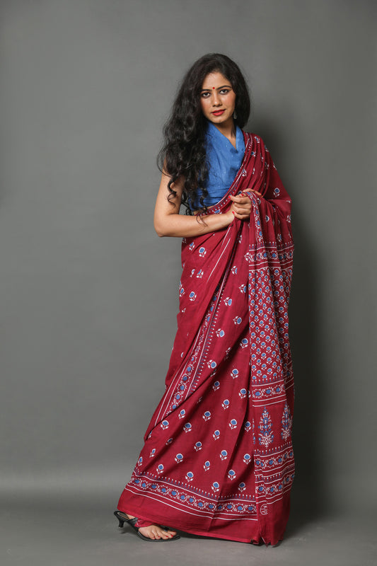 Printed Pure Cotton Mulmul Saree With Blouse