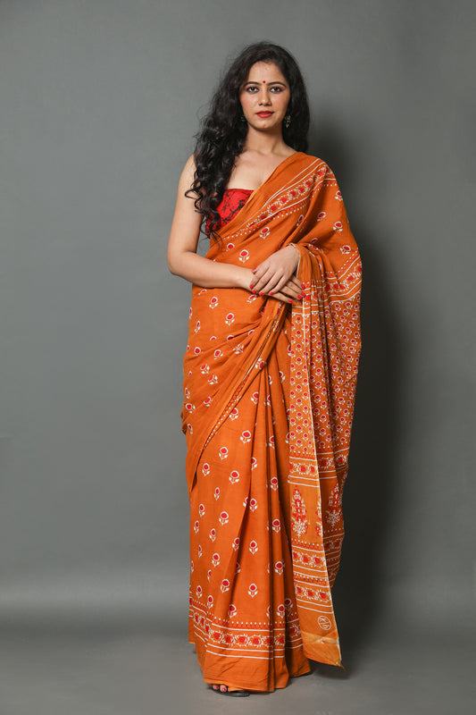 Printed Pure Cotton Mulmul Saree With Blouse