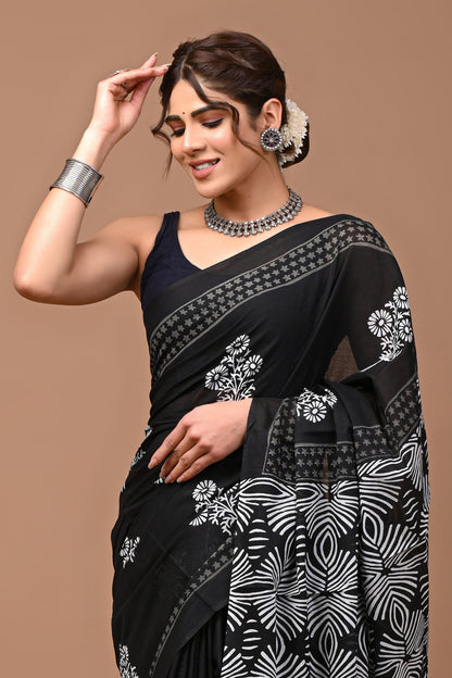 Printed Pure Cotton Mulmul Saree With Blouse