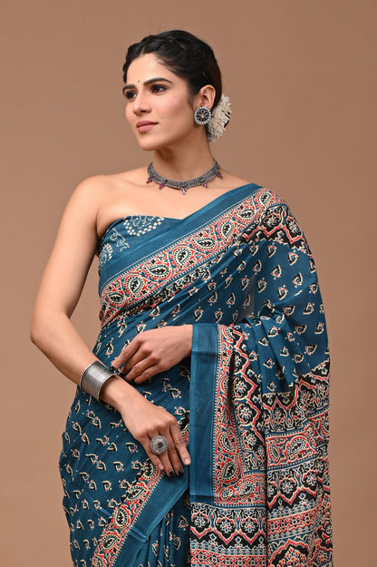 Printed Pure Cotton Mulmul Saree With Blouse