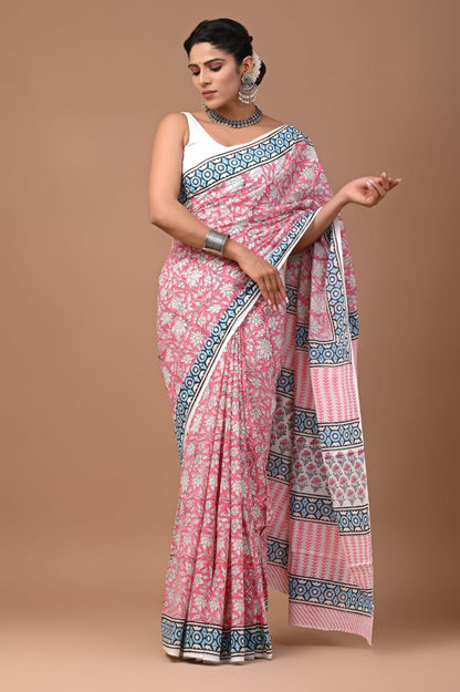 Printed Pure Cotton Mulmul Saree With Blouse