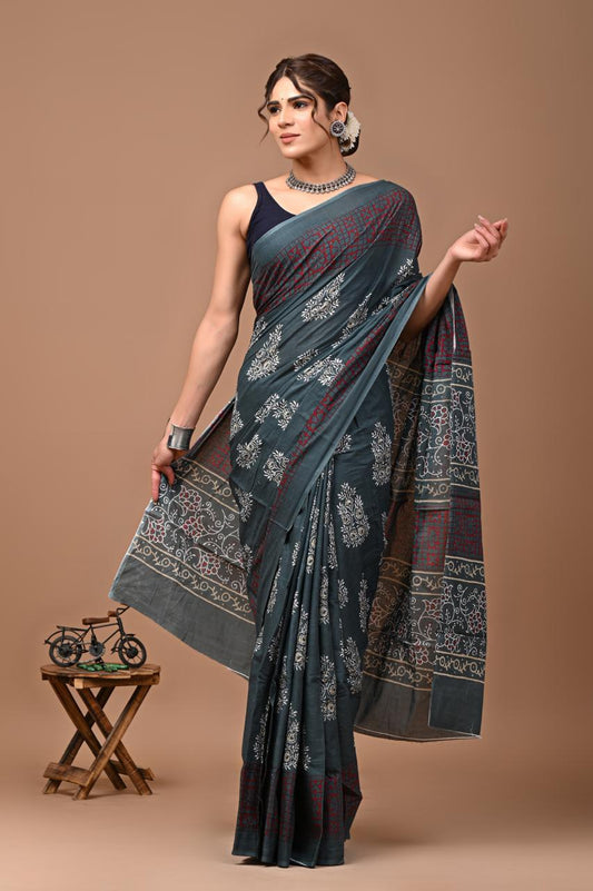 Indigo Blue Daabu Block Print Pure Cotton Saree